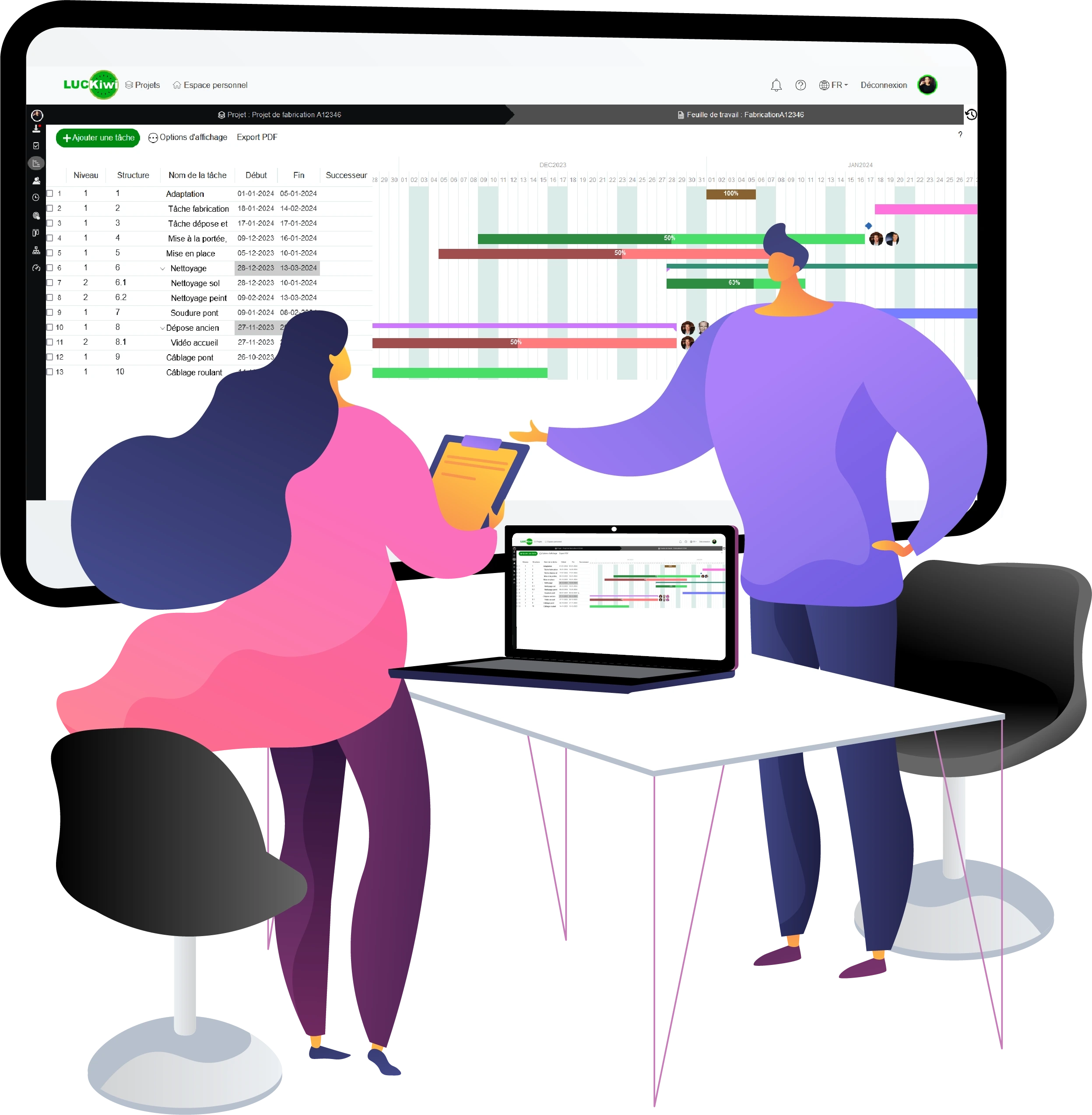 Maximisez l'efficacité de vos projets avec notre diagramme de Gantt intuitif. Gérez facilement vos tâches, anticipez les délais, coordonnez les équipes et respectez vos échéances avec des visualisations claires et interactives.